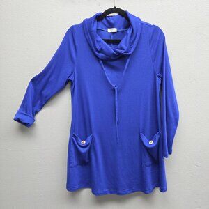Bulotus Shirt Womens XL Blue Cowl Neck Tunic Long Sleeve Front Pocket A-Line